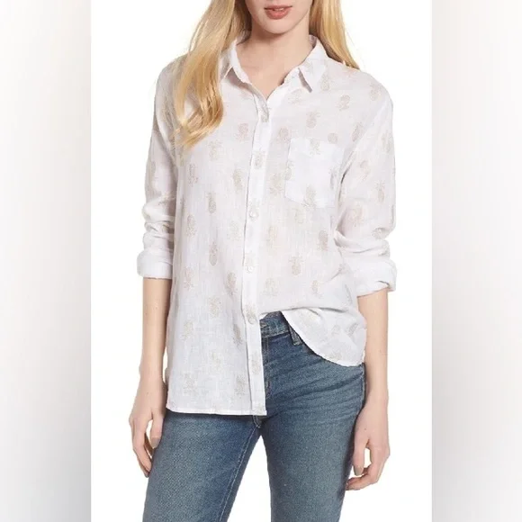 Rails Charli Pineapple Print White Gold Button Down Shirt Top Medium - Picture 1 of 7